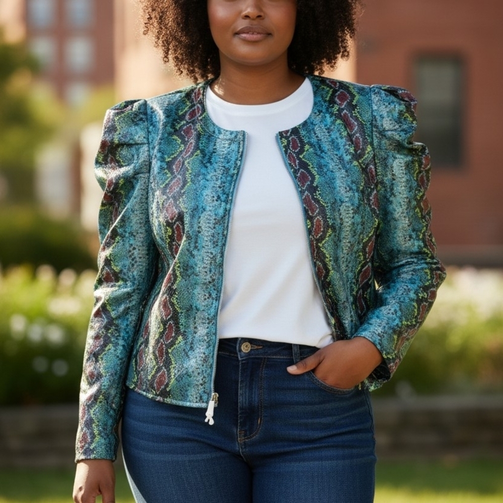 NWOT Azalea Wang Snake Print Puff Sleeve Jacket 2X Blue Statement Moto